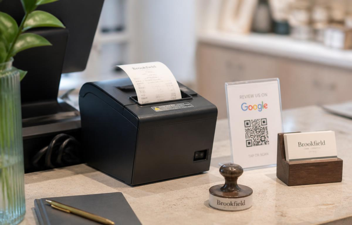 Kassentheke mit Belegdrucker, Stempel, Visitenkarten und QR-Aufsteller