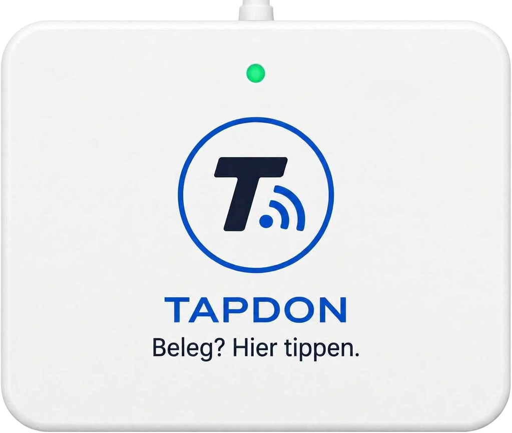 TapDon NFC-Gerät in Weiss, frontal mit Logo und „Beleg? Hier tippen.“-Beschriftung